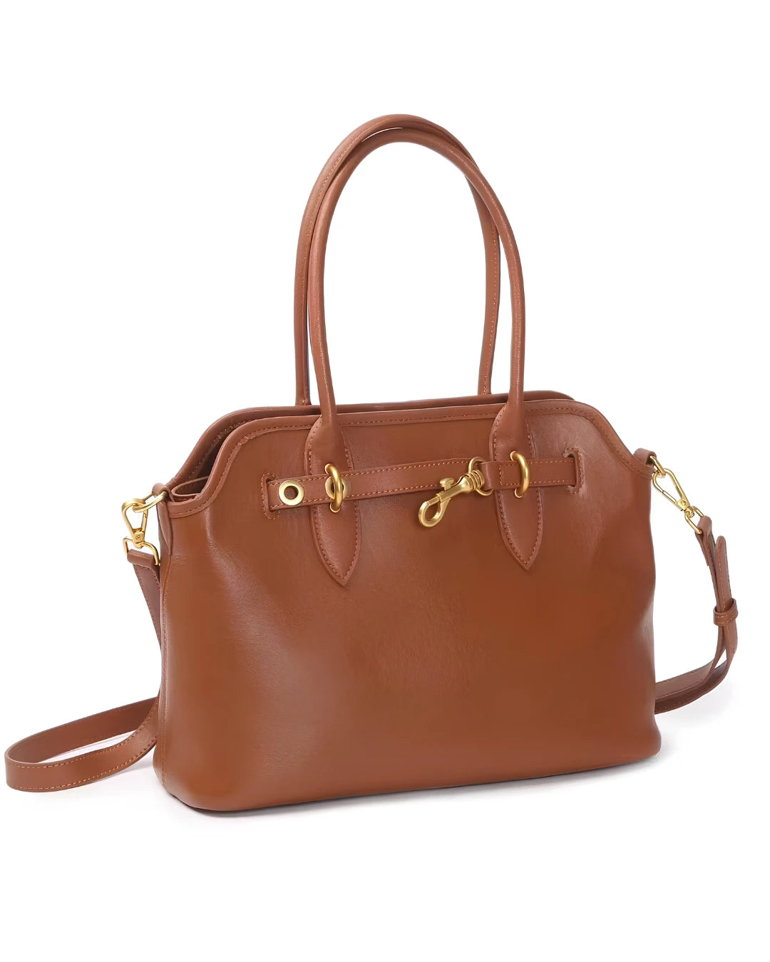 Bolsa feminina Aveline em couro caramelo, vista angular, com alças duplas, alça transversal regulável e ferragens douradas.