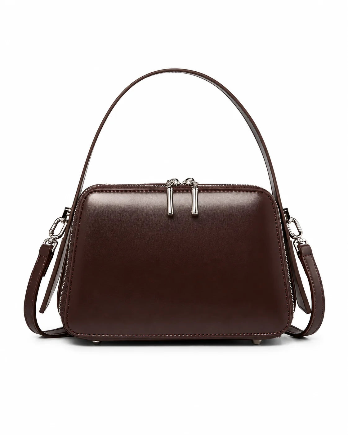 Bolsa feminina de couro marrom Elyra, vista frontal, com alça de mão, alça transversal removível, ferragens prateadas e fechamento superior em zíper.