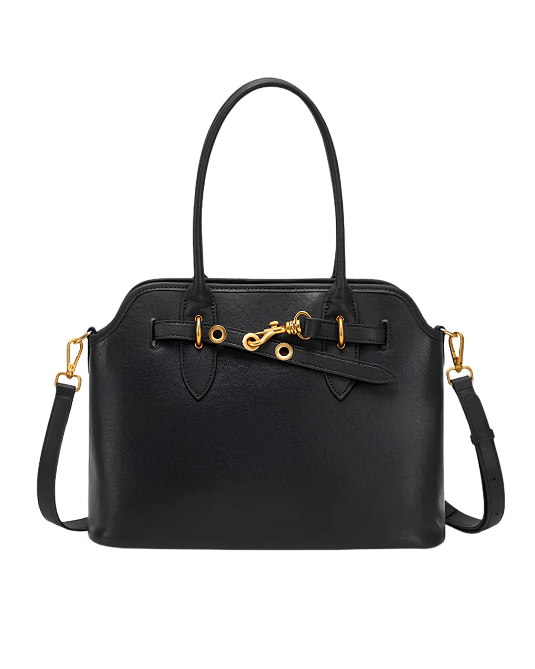 Bolsa feminina Aveline em couro preto, vista frontal, com alças duplas, alça transversal removível, detalhe decorativo e ferragens douradas.