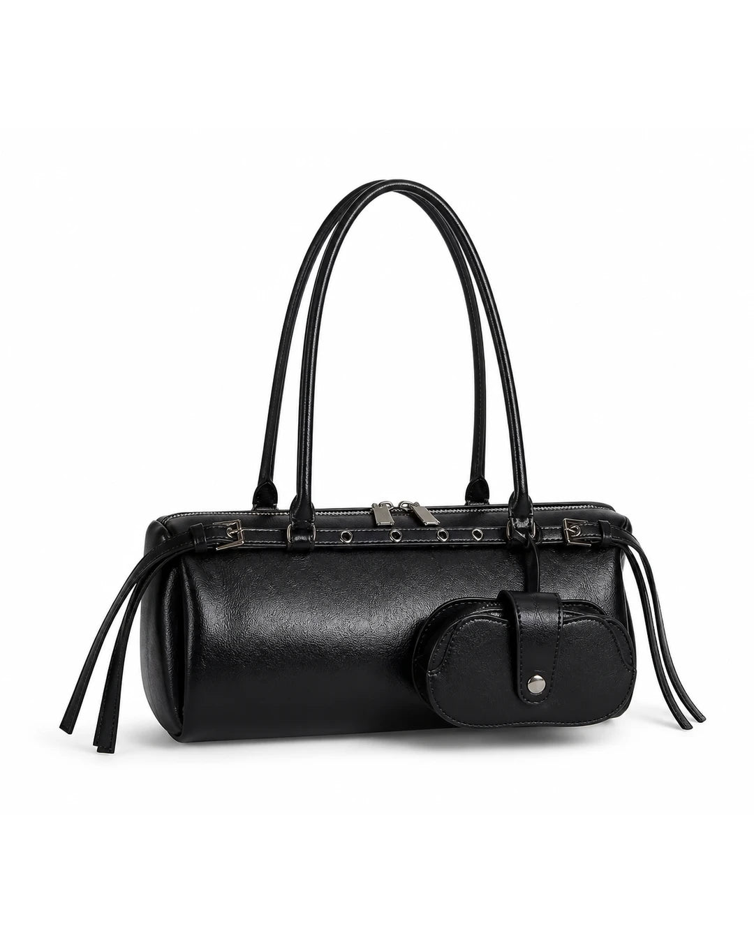 Bolsa feminina de couro preta Celinne em vista frontal sobre fundo cinza claro, evidenciando o formato alongado, as alças duplas, os detalhes metálicos e o porta-óculos acoplado.