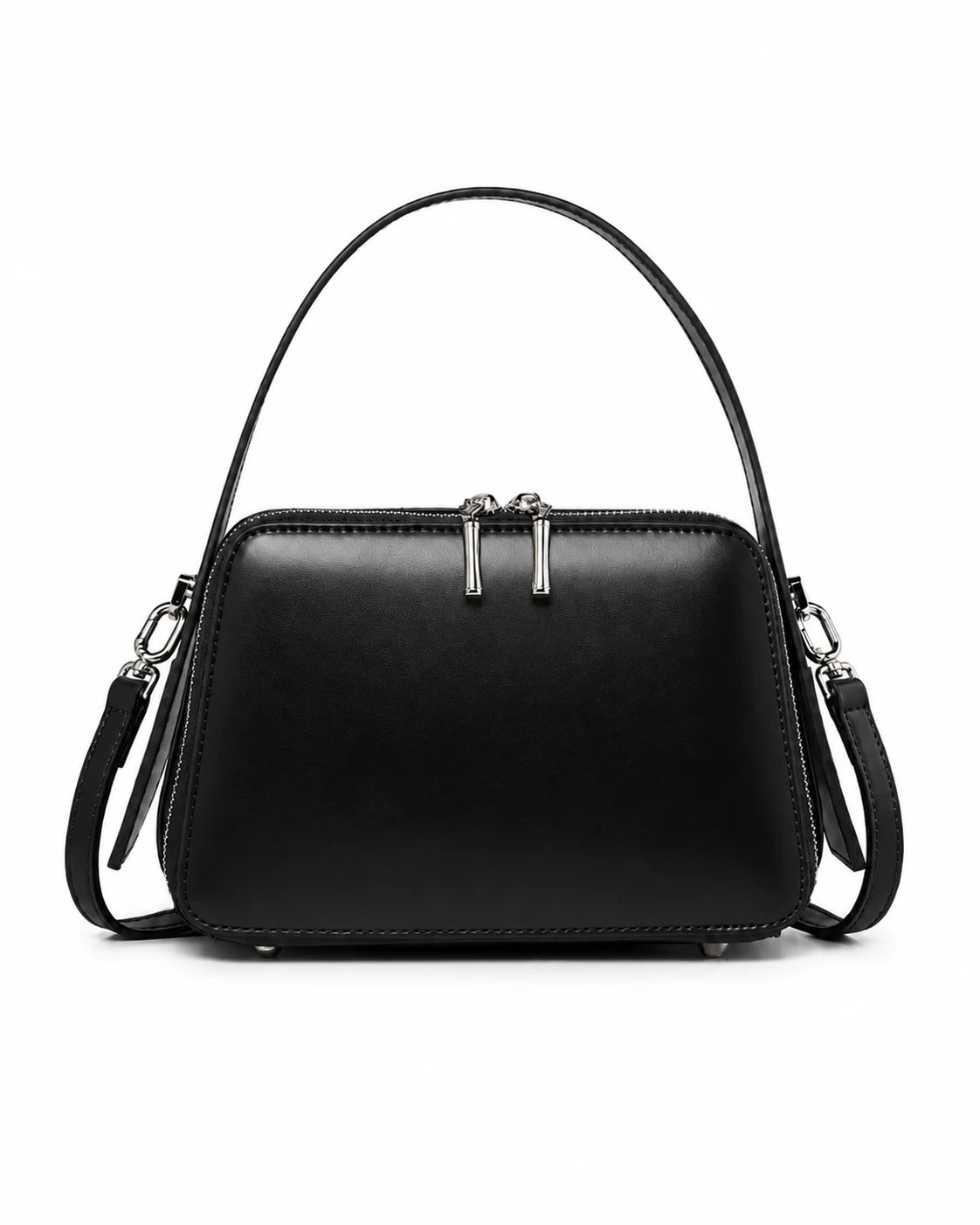 Bolsa feminina de couro preta Elyra, vista frontal, com alça de mão, alça transversal removível, ferragens prateadas e fechamento superior em zíper.
