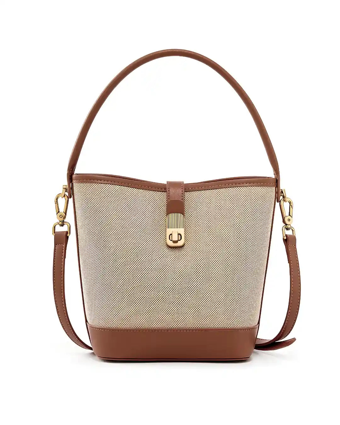 Bolsa feminina de ombro bege Lisette, vista frontal, com textura tramada, acabamentos marrons, alça de ombro, alça transversal removível e fecho dourado.