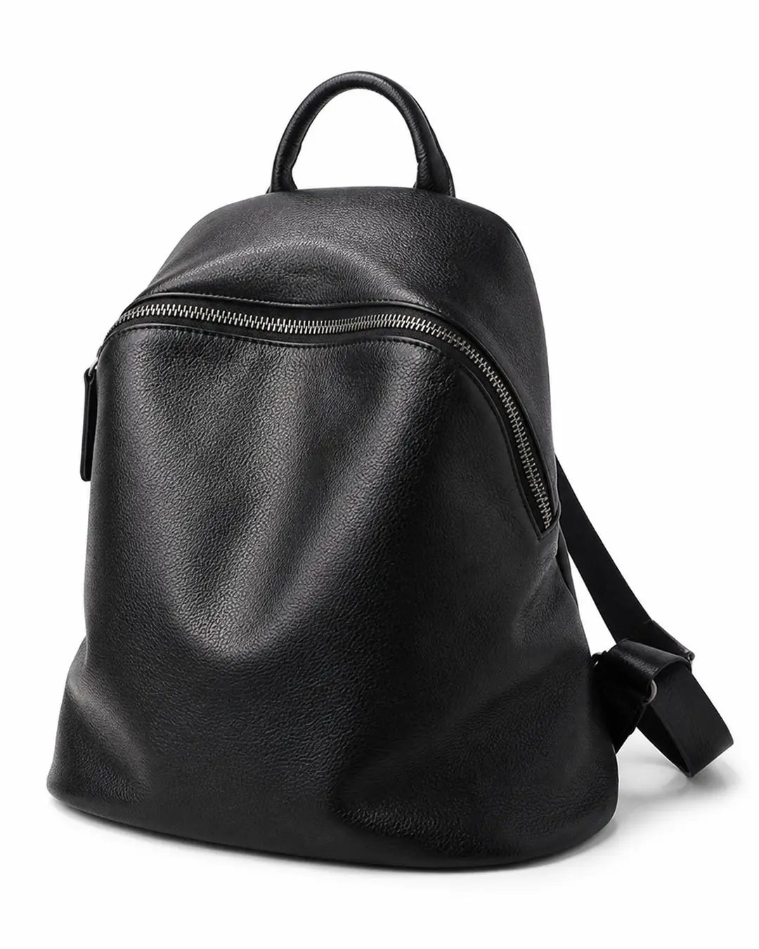 Mochila feminina de couro preta Aveline em vista frontal, com design minimalista, alça superior e fechamento principal em zíper.