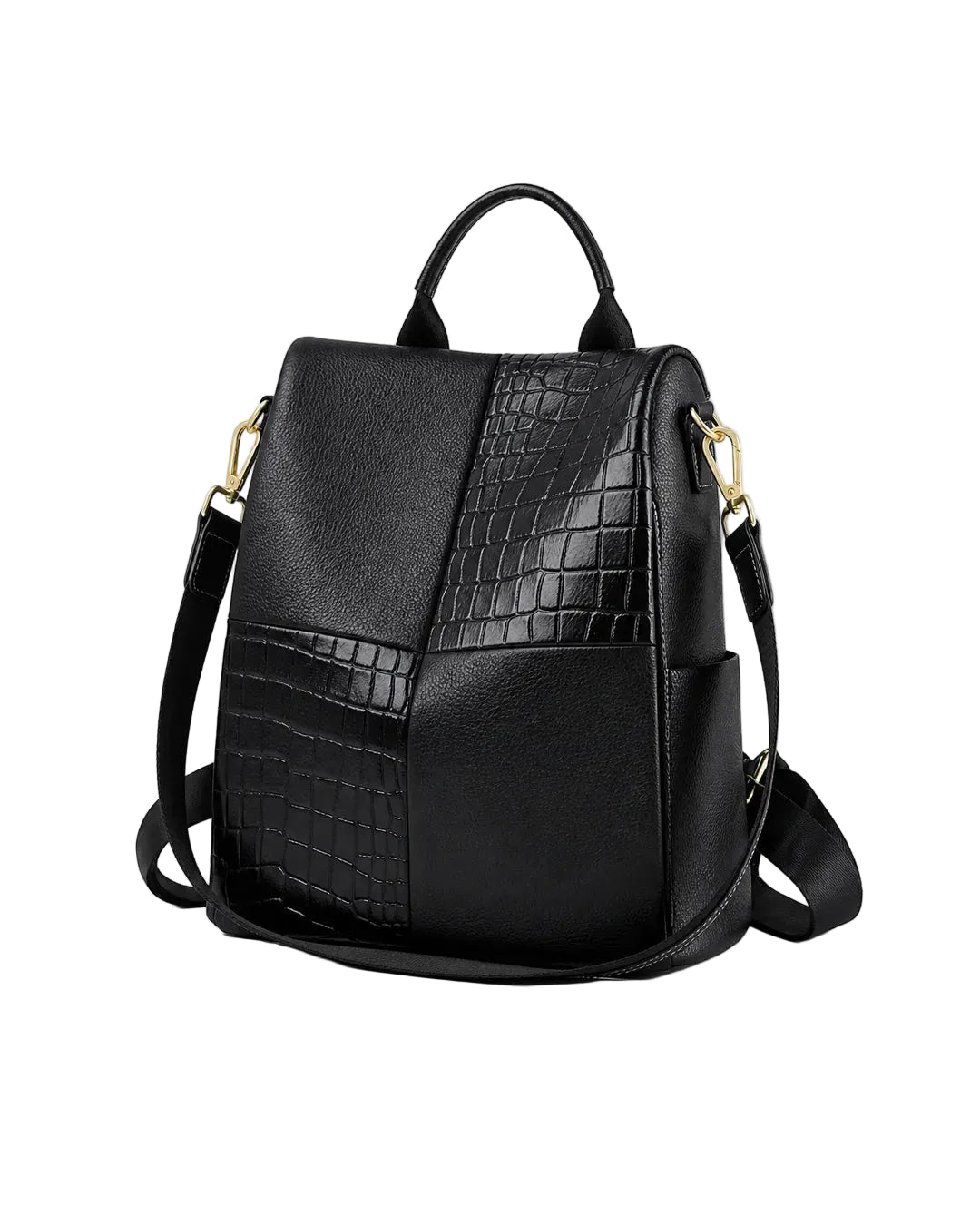Mochila feminina de couro preta Elvienne em vista frontal sobre fundo branco, com acabamento texturizado e ferragens douradas.