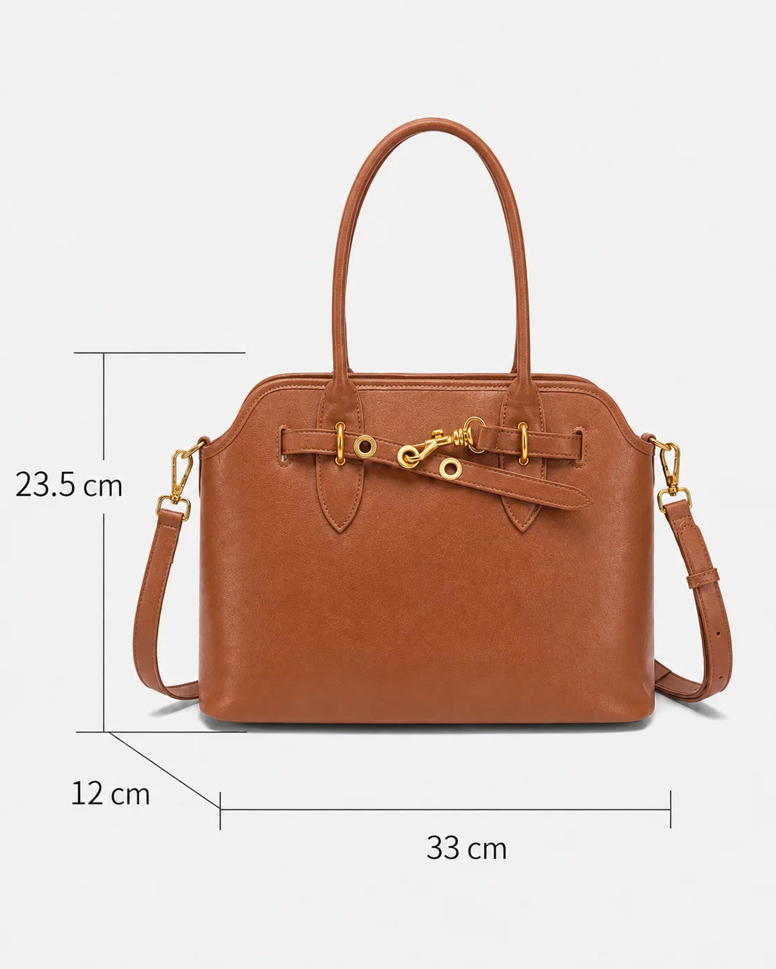 Bolsa feminina Aveline em couro caramelo com indicação das medidas de 33 cm de largura, 23,5 cm de altura e 12 cm de profundidade.