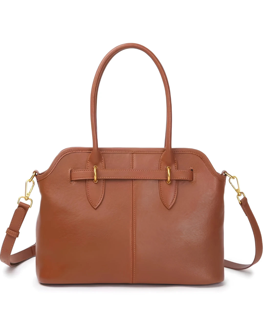 Bolsa feminina Aveline em couro caramelo, vista traseira, com acabamento liso, costura vertical central e alça transversal removível.