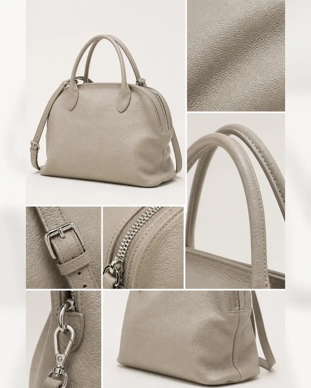 Detalhes da bolsa feminina de couro cinza claro Vivienne, mostrando textura, alças, fivela, zíper e mosquetão