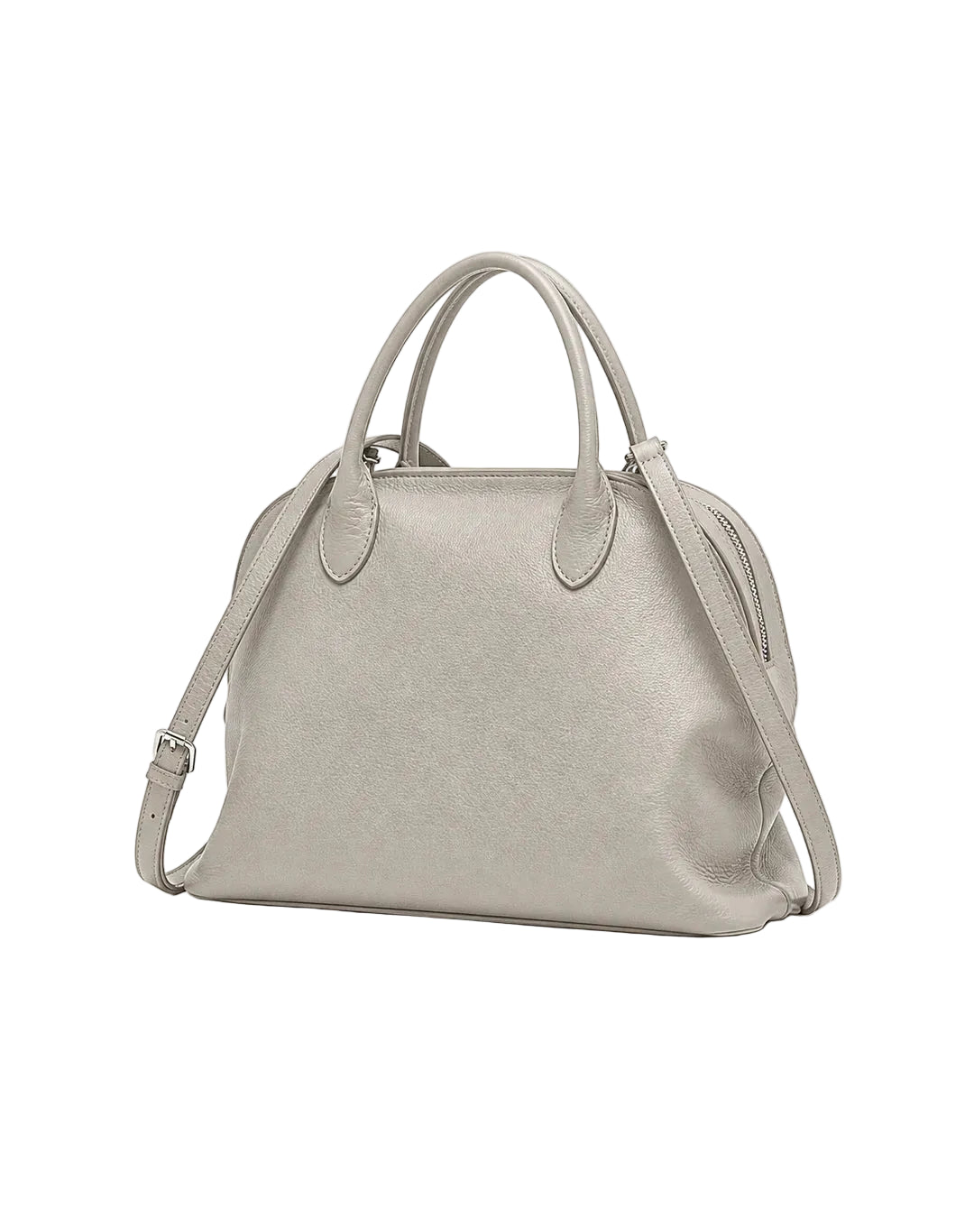 Bolsa feminina de couro cinza claro Vivienne em vista frontal sobre fundo branco, destacando formato e acabamento.