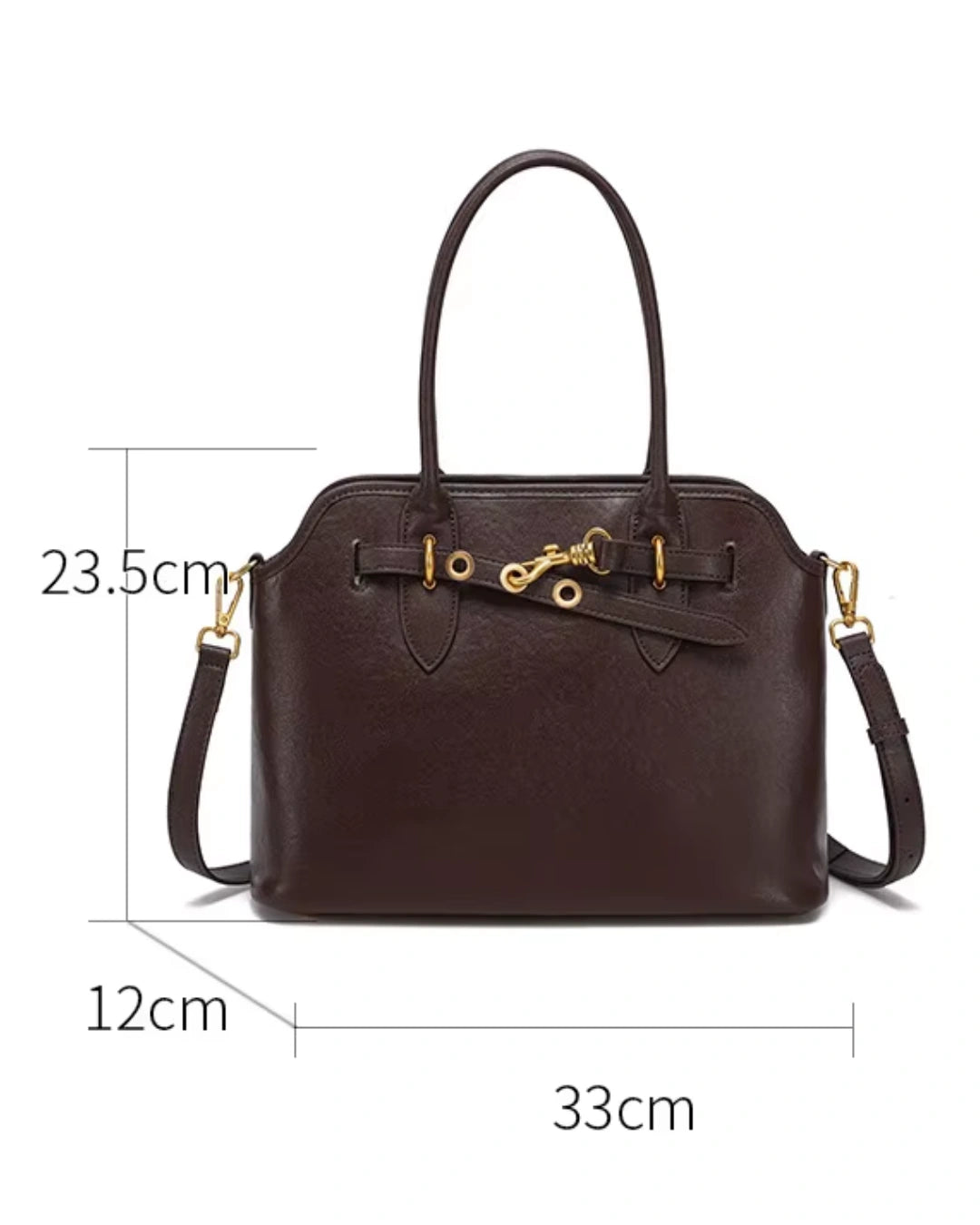 Bolsa feminina Aveline em couro marrom com indicação das medidas de 33 cm de largura, 23,5 cm de altura e 12 cm de profundidade.