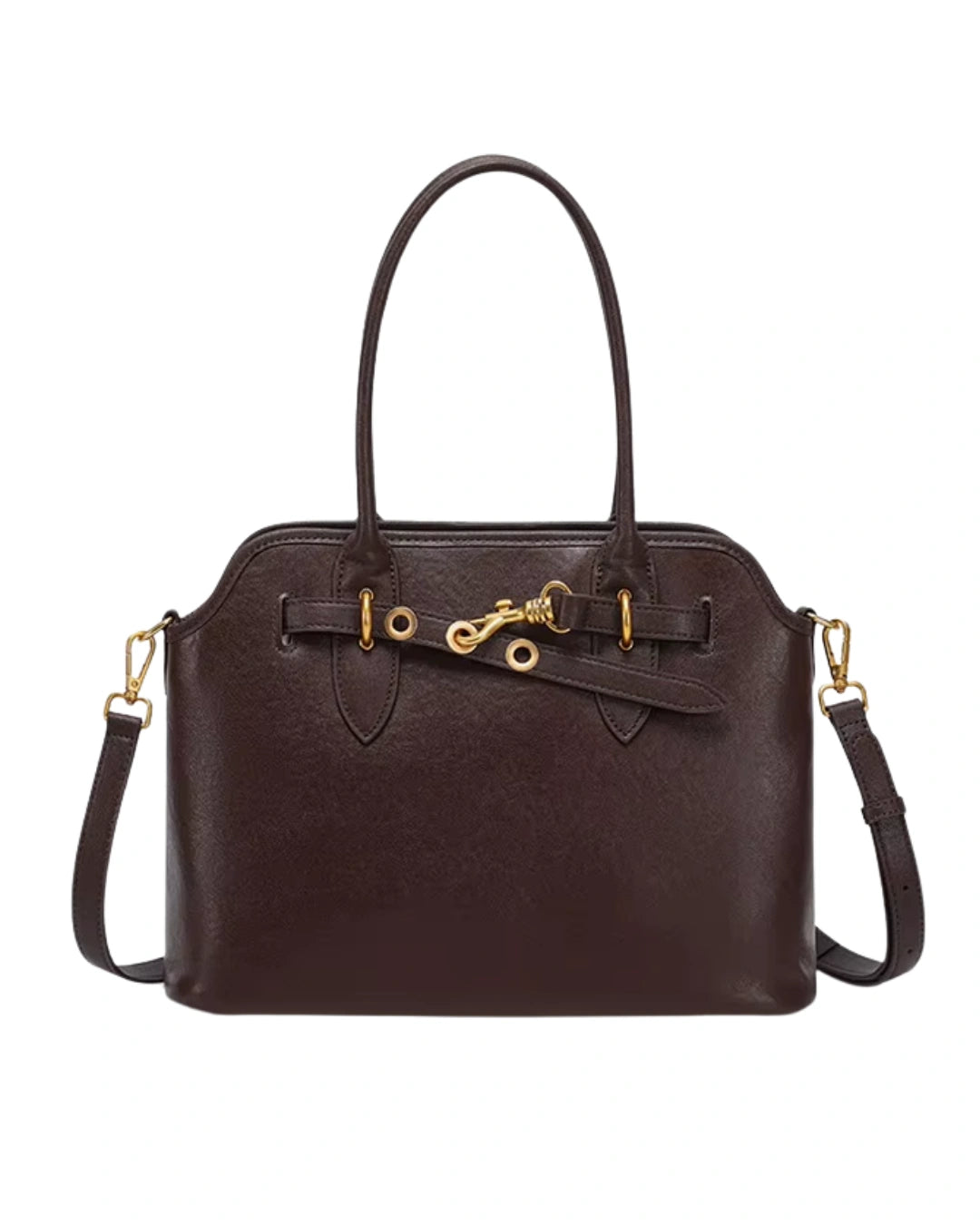 Bolsa feminina Aveline em couro marrom, vista frontal, com alças duplas, alça transversal removível, detalhe decorativo e ferragens douradas.