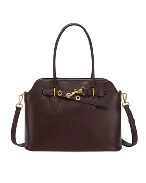 Bolsa feminina Aveline em couro marrom, vista frontal, com alças duplas, alça transversal removível, detalhe decorativo e ferragens douradas.