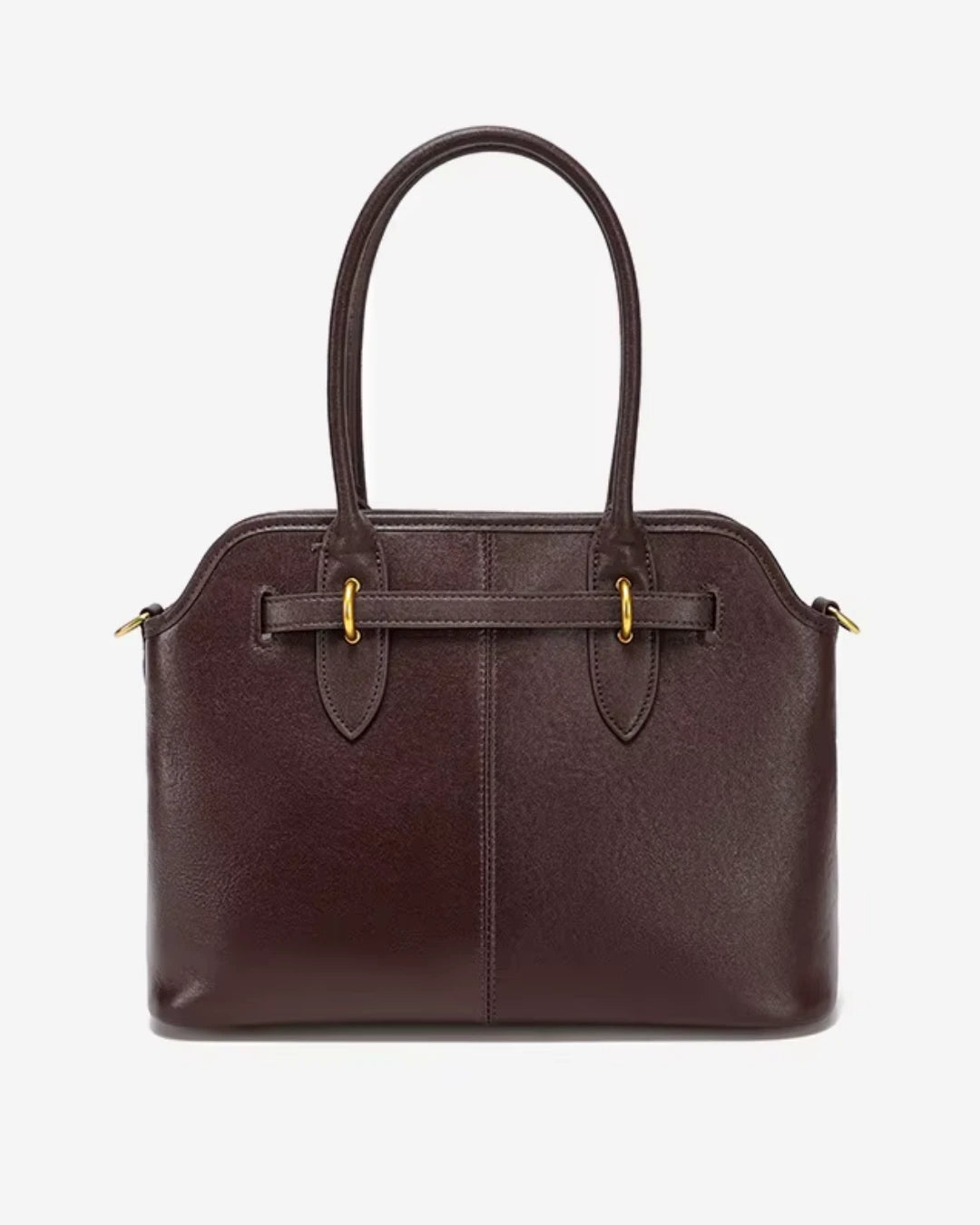 Bolsa feminina Aveline em couro marrom, vista traseira, com acabamento liso, costura vertical central e alças duplas.