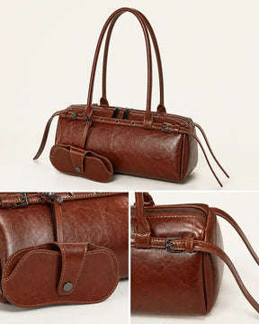 Bolsa feminina de couro marrom Celinne em montagem com vista frontal e closes dos detalhes, mostrando o acabamento texturizado, as fivelas laterais, as alças longas e o porta-óculos.
