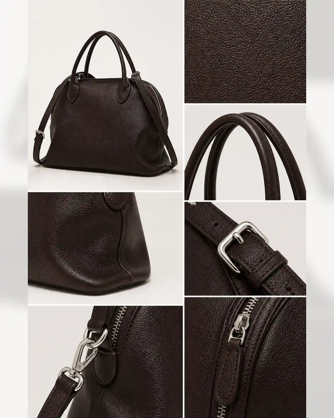Detalhes da bolsa feminina de couro marrom Vivienne, com textura do couro, alças, fivela, mosquetão e fechamento por zíper.