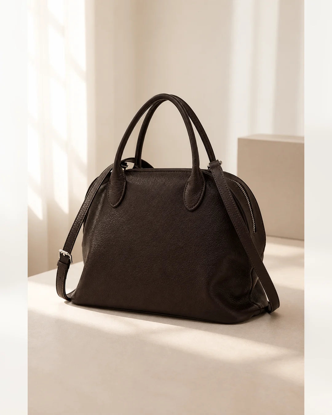 Bolsa feminina de couro marrom Vivienne fotografada em estúdio claro, destacando formato, alças e acabamento.