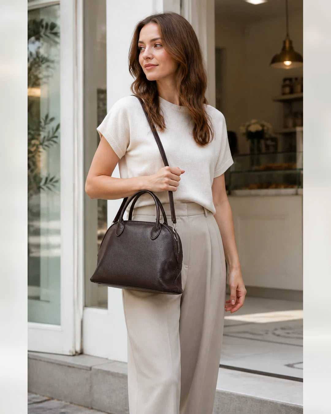 Mulher usando a bolsa feminina de couro marrom Vivienne com alça transversal em look neutro.