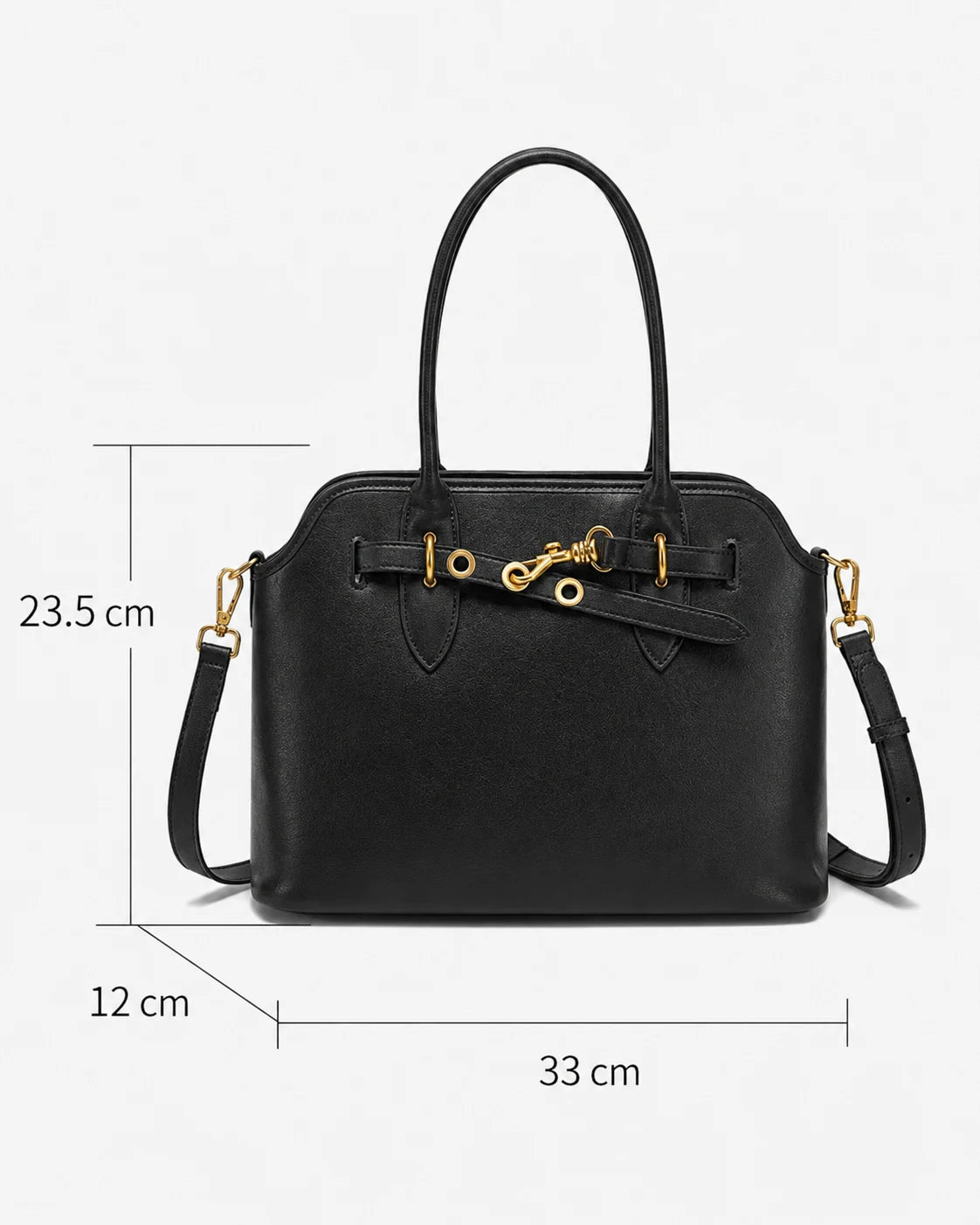 Bolsa feminina Aveline em couro preto com indicação das medidas de 33 cm de largura, 23,5 cm de altura e 12 cm de profundidade.