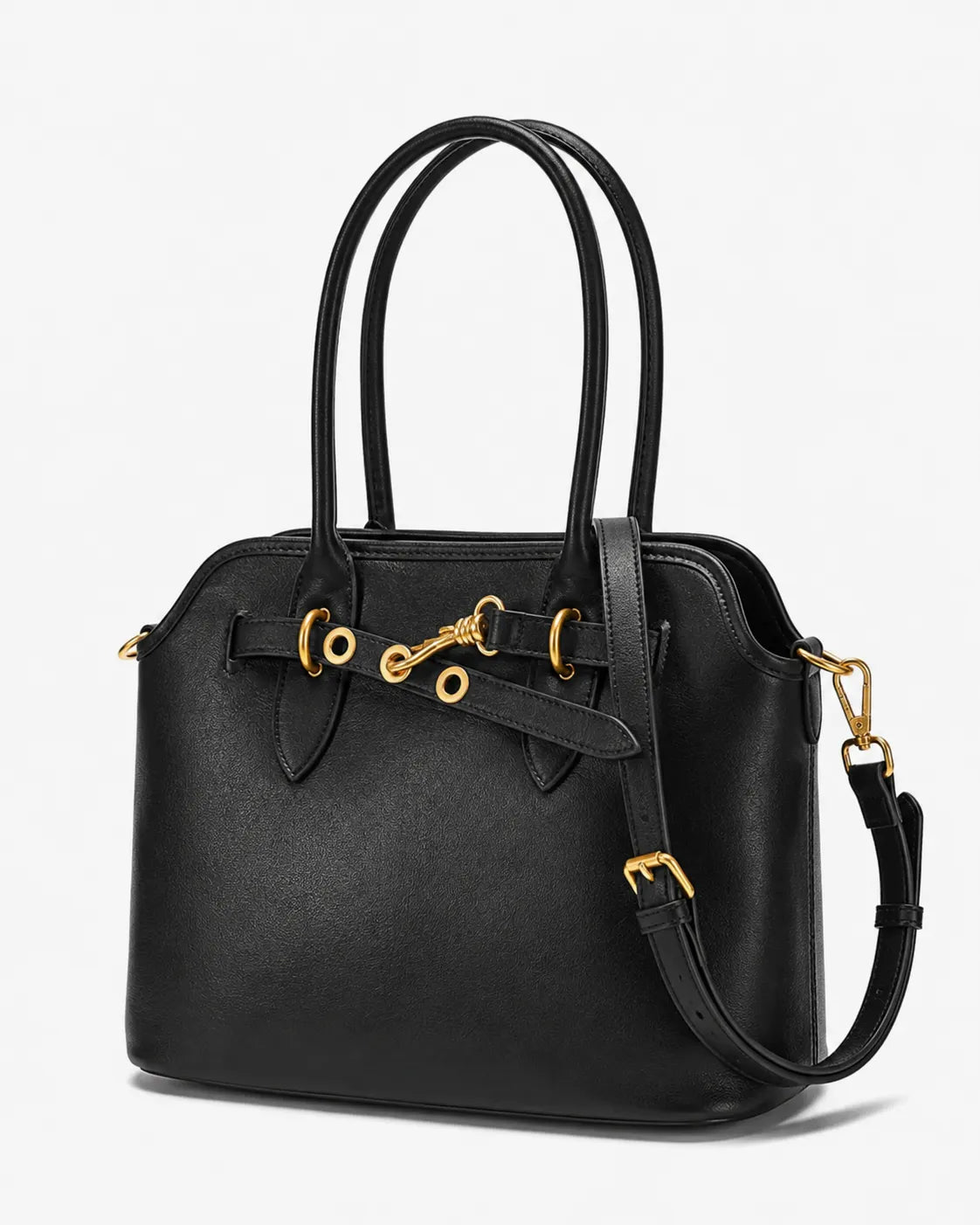 Bolsa feminina Aveline em couro preto, vista angular, mostrando a estrutura ampla, as alças duplas, a alça transversal regulável e as ferragens douradas.