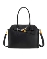 Bolsa feminina Aveline em couro preto, vista frontal, com alças duplas, alça transversal removível, detalhe decorativo e ferragens douradas.