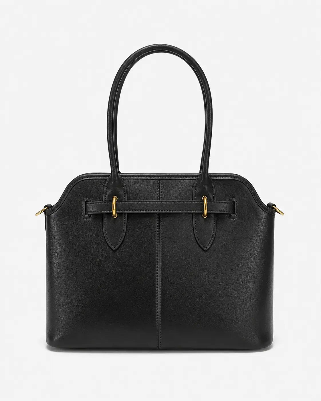 Bolsa feminina Aveline em couro preto, vista traseira, com acabamento liso, costura vertical central e alças duplas.