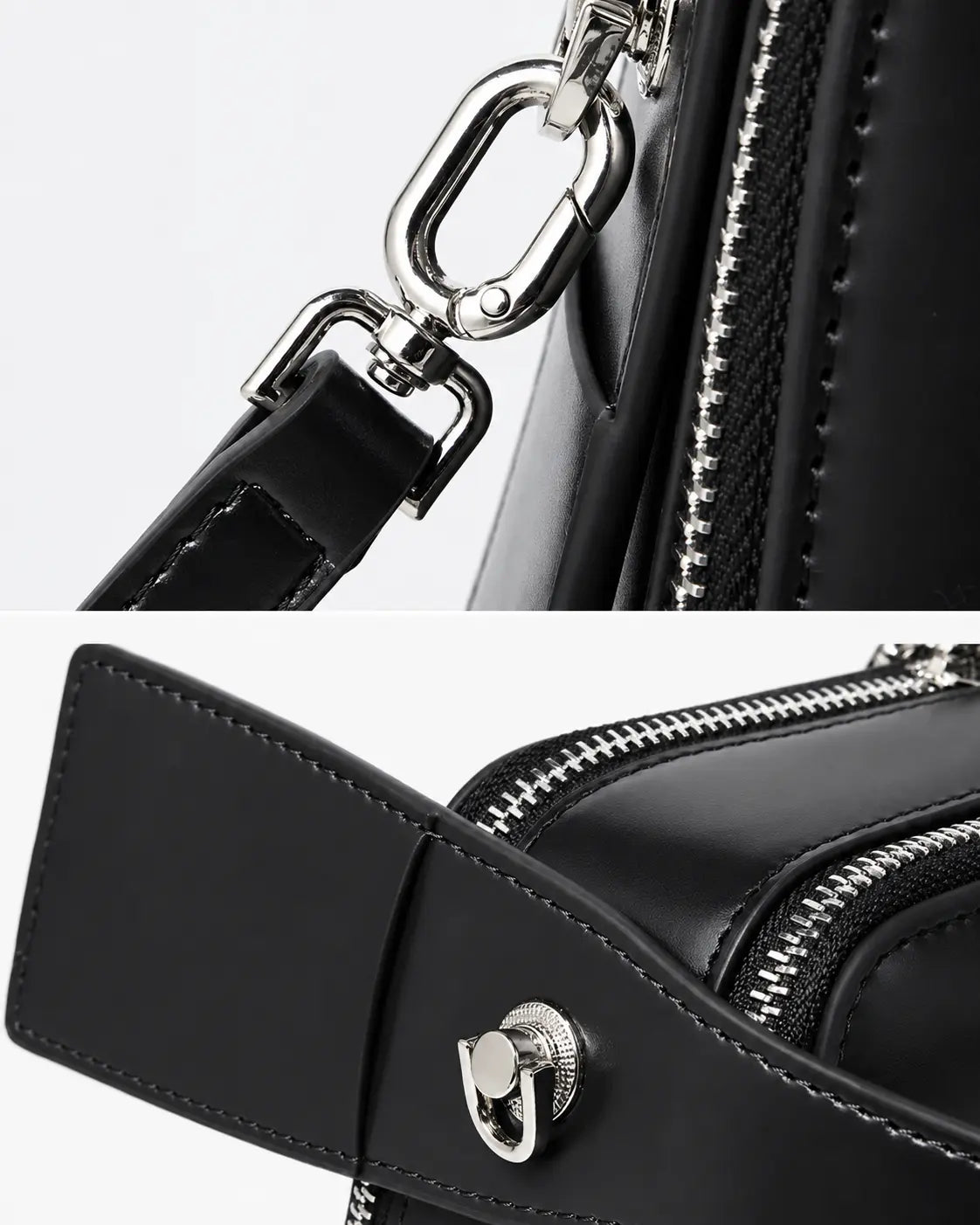 Detalhes da bolsa feminina de couro preta Elyra, mostrando ferragens prateadas da alça removível, zíper e acabamento lateral em couro.