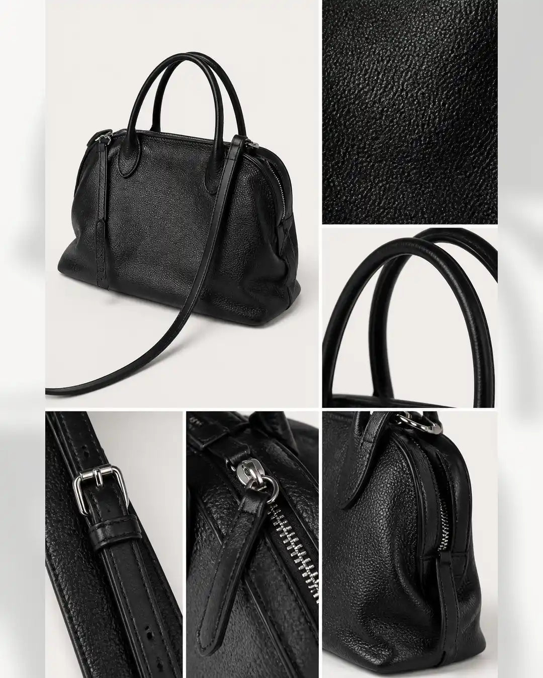 Detalhes da bolsa feminina de couro preta Vivienne, mostrando textura, alças, fivela, zíper e mosquetão.
