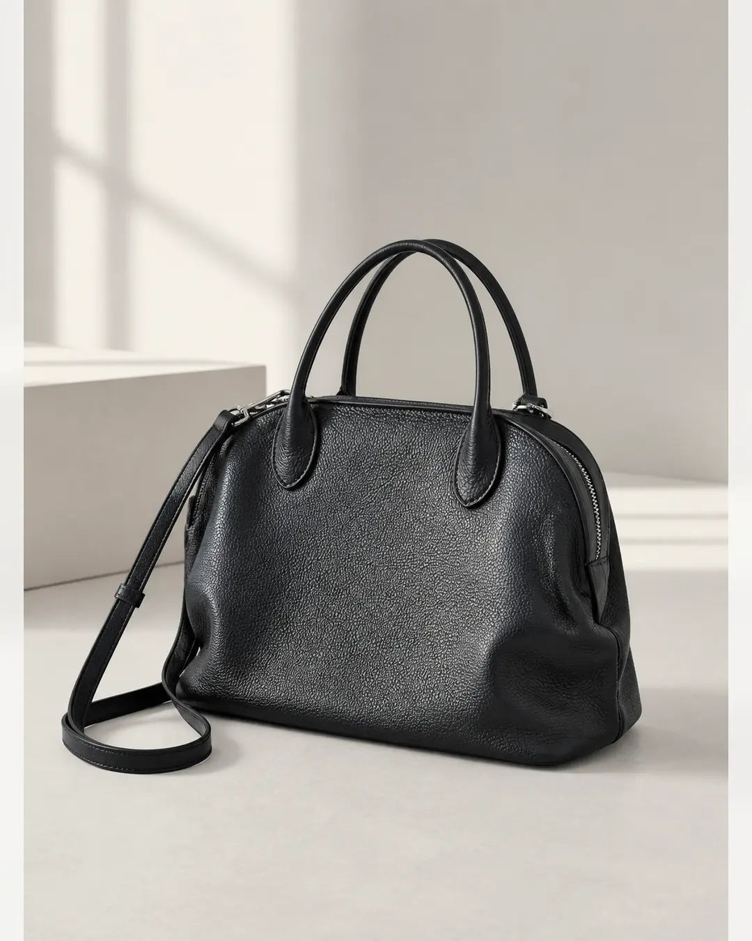 Bolsa feminina de couro preta Vivienne em estúdio claro, com alças de mão e alça transversal ajustável.