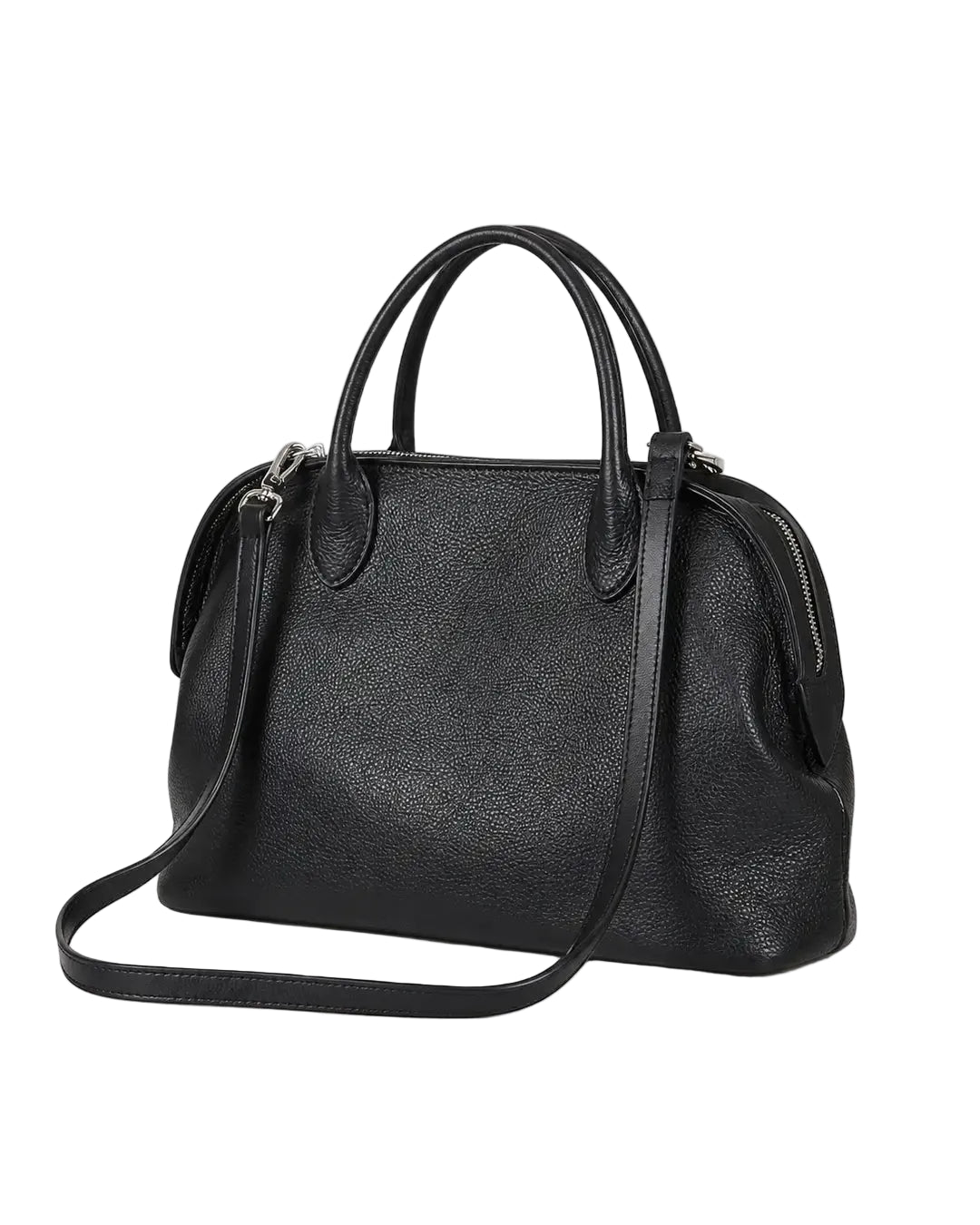 Bolsa feminina de couro preta Vivienne em vista frontal sobre fundo branco, destacando formato e acabamento.