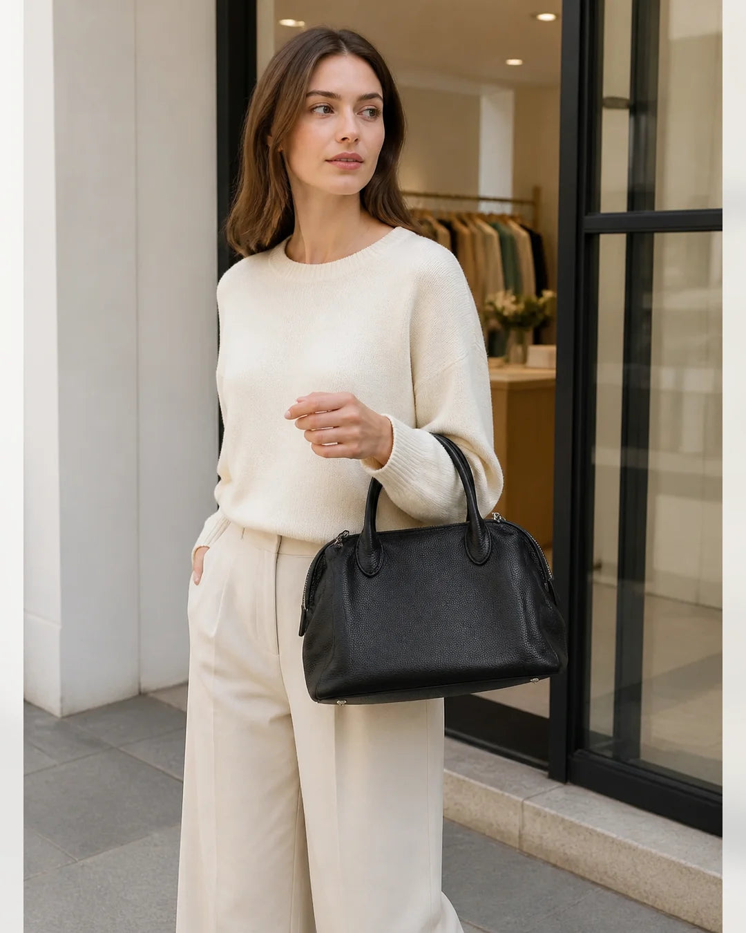 Mulher usando a bolsa feminina de couro preta Vivienne em look claro, destacando proporção e uso no dia a dia.