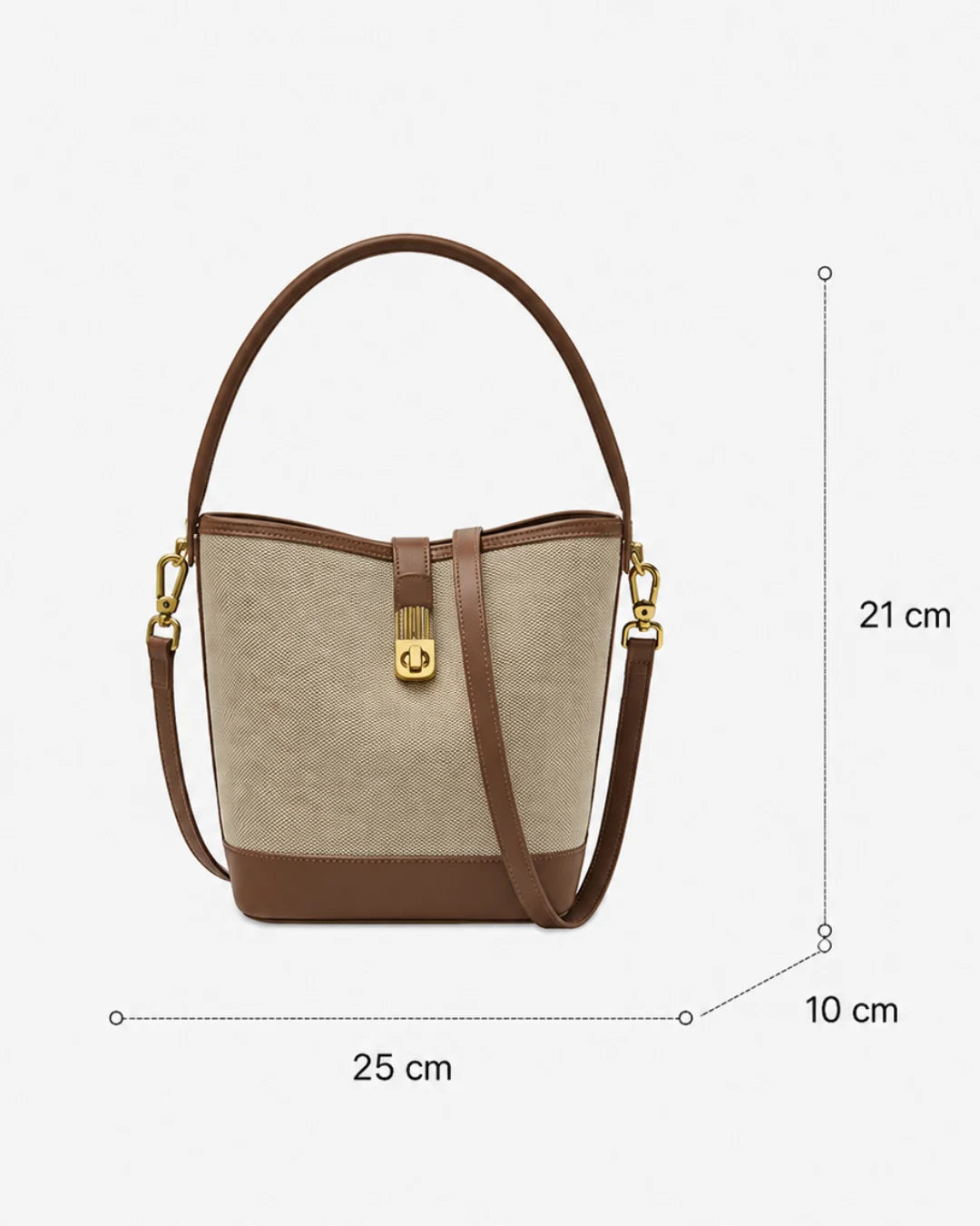 Bolsa feminina de ombro bege Lisette com indicação das medidas de 25 cm de largura, 21 cm de altura e 10 cm de profundidade.
