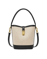 Bolsa feminina de ombro preta Lisette, vista frontal, com corpo em textura tramada bege, acabamento preto, alça de ombro, alça transversal removível e fecho dourado.
