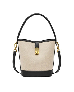 Bolsa feminina de ombro preta Lisette, vista frontal, com corpo em textura tramada bege, acabamento preto, alça de ombro, alça transversal removível e fecho dourado.
