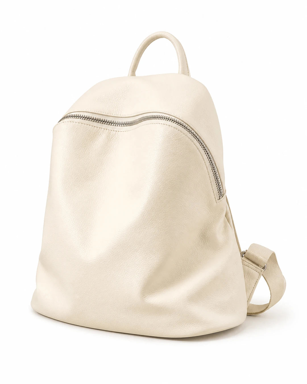 Mochila feminina de couro branca Aveline em vista frontal, com design minimalista, alça superior e fechamento principal em zíper.
