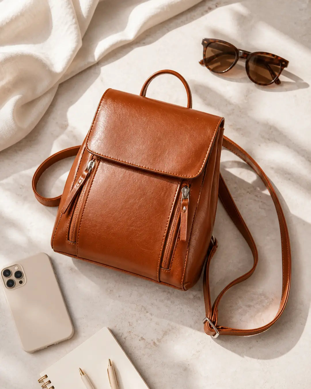 Mochila feminina de couro marrom Corinne em composição com acessórios, destacando espaço interno e praticidade no dia a dia.