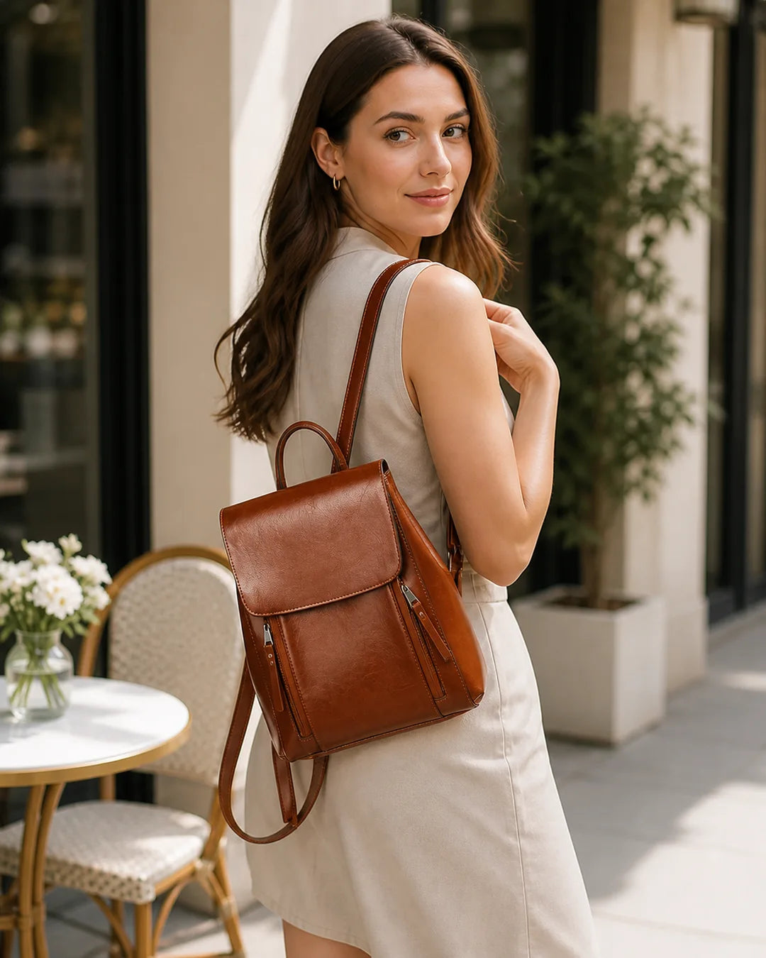 Mulher usando a mochila feminina de couro marrom Corinne em ambiente externo, destacando o visual sofisticado e versátil da peça.