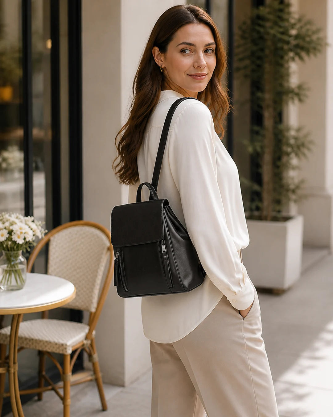 Mulher usando a mochila feminina de couro preta Corinne em ambiente externo, mostrando o visual sofisticado e versátil da peça.