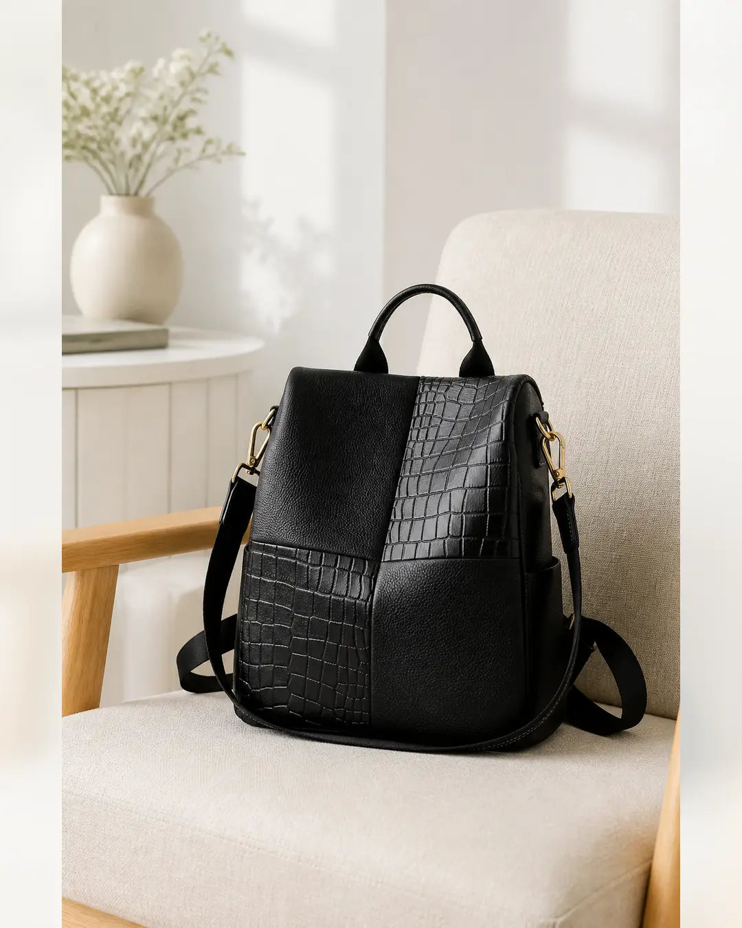 Mochila feminina de couro preta Elvienne em ambiente claro, com design elegante e detalhes texturizados na parte frontal.