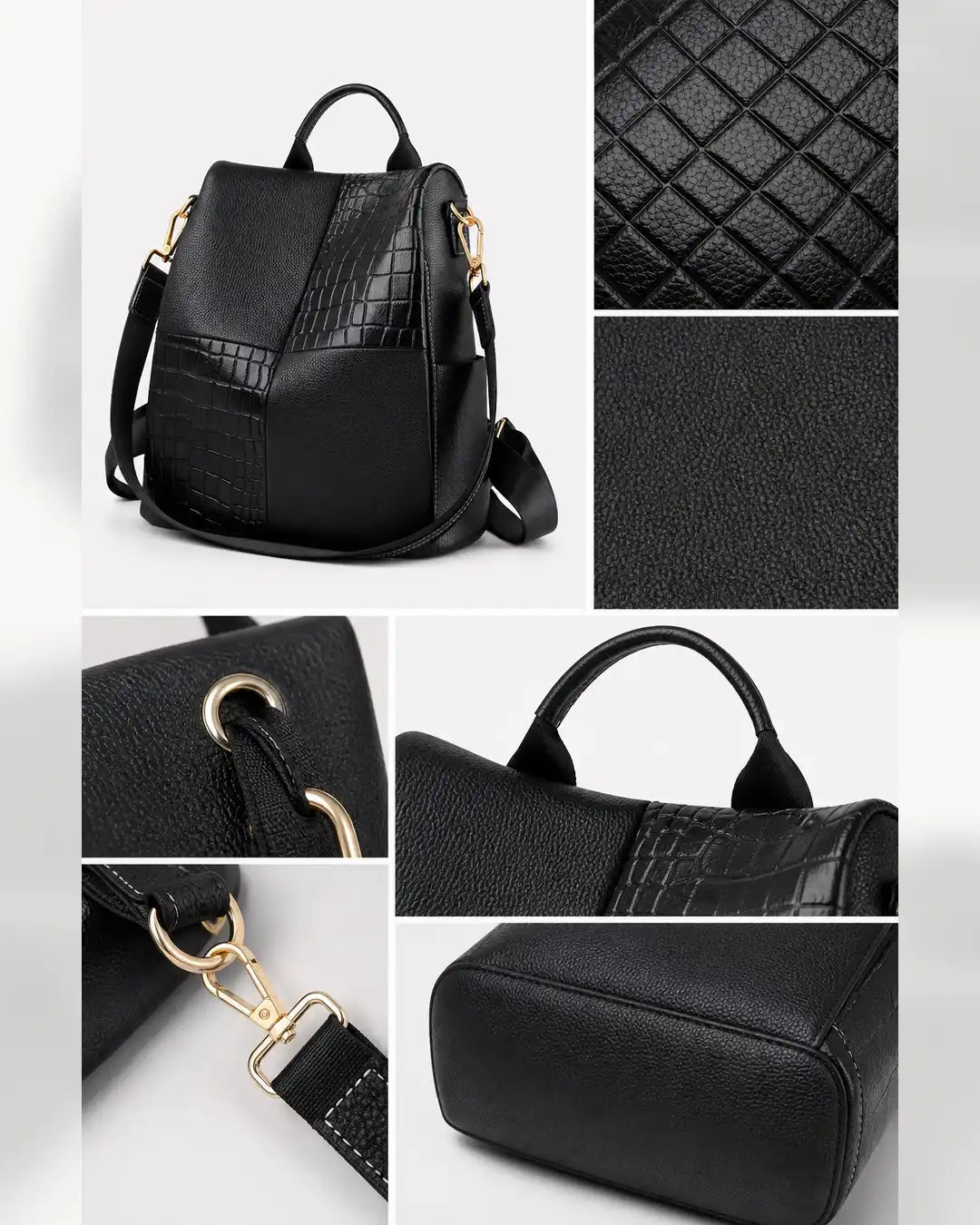 Detalhes da mochila feminina de couro preta Elvienne, destacando textura, acabamento, ferragens douradas, alças e base reforçada.