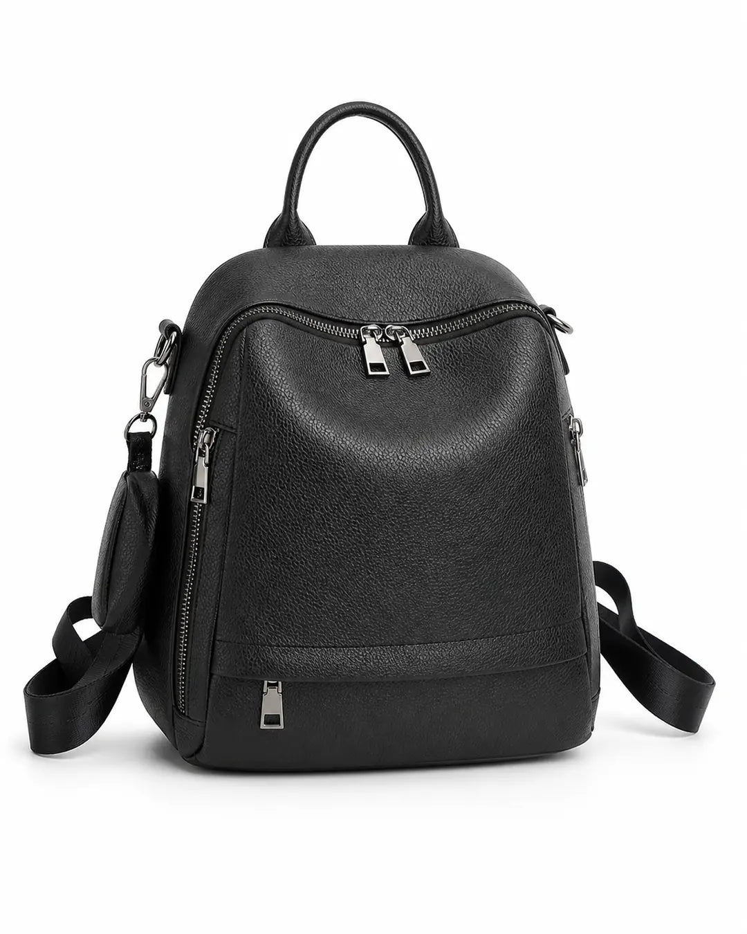 Mochila feminina de couro preta Serelle em vista frontal, com alça de mão, bolsos externos com zíper e detalhe lateral removível.
