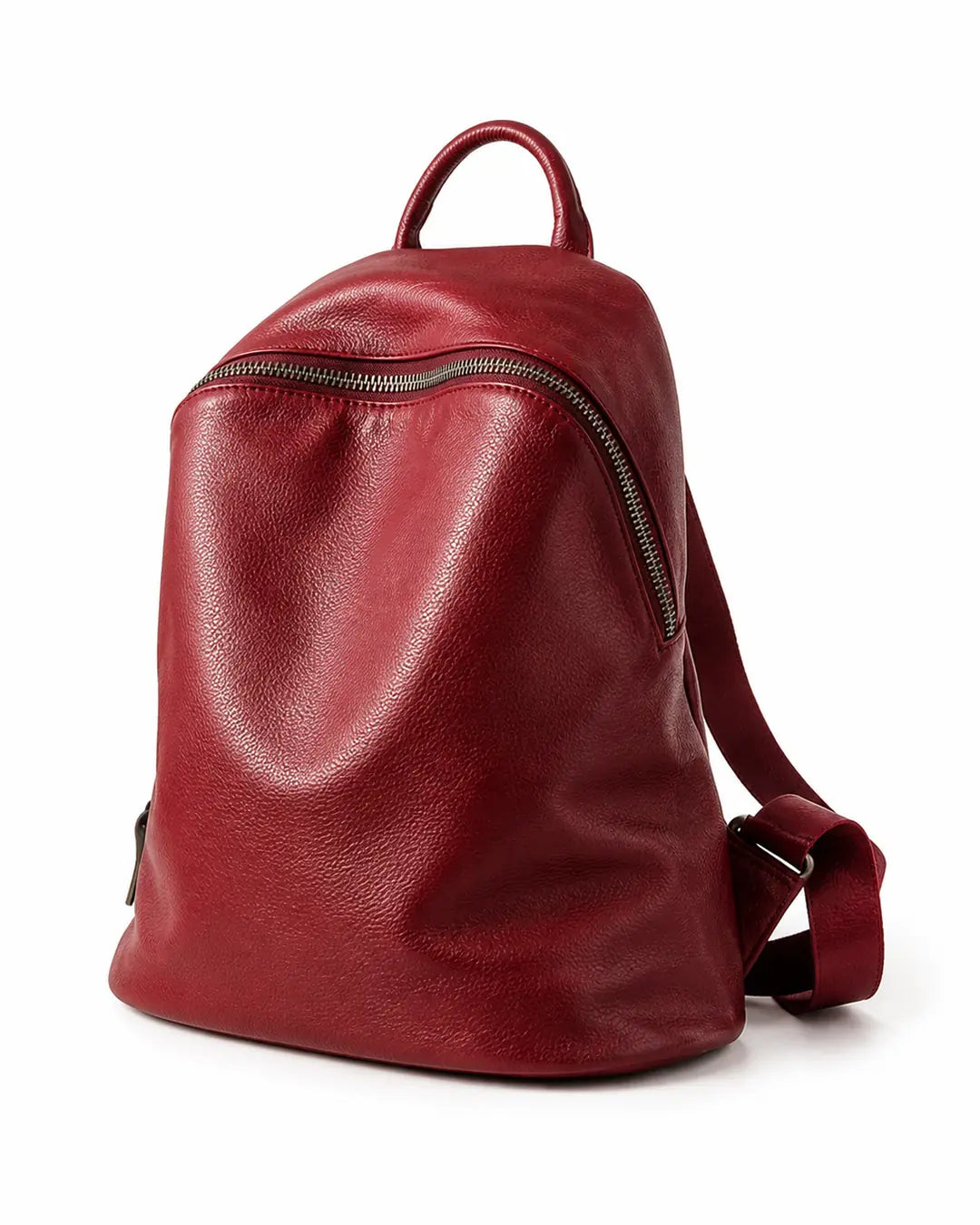 Mochila feminina de couro vermelha Aveline em vista frontal, com design minimalista, alça superior e fechamento principal em zíper.
